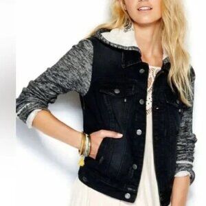 Free People Distressed Denim Hood Jacket (Gray/Black) S